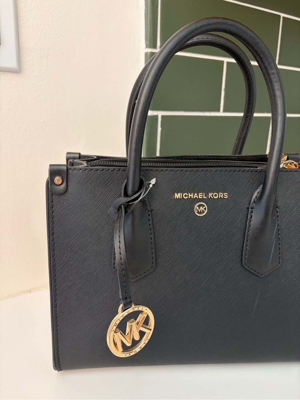MICHAEL KORS Black Saffiano Satchel with Gold Charm